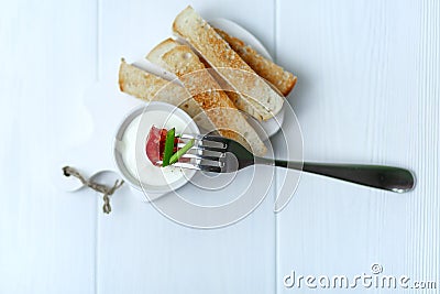 Tomato salad. Creamy dip with croutons. Health food Stock Photo