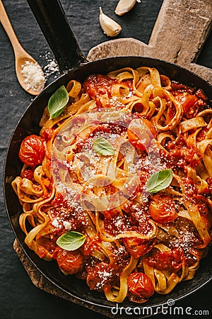 Tomato sauce spaghetti pasta on pan Stock Photo