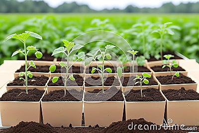 Tomato seedlings.The seedling of the bushes of tomatoes of different varieties. Sown tomatoes in cardboard peas with Stock Photo