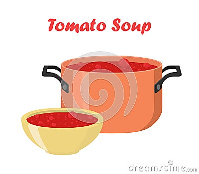 Tomato soup in bowl, dish. Hot meal with vegetables, meat Vector Illustration