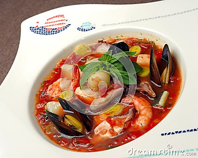 Tomato soup with seafood and fish Stock Photo