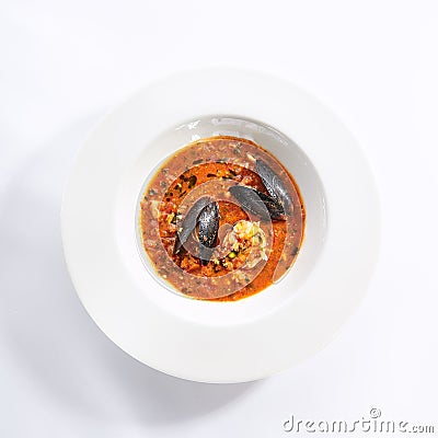 Tomato soup with seafood top view Stock Photo