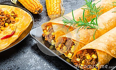 Tomato tortilla with spicy meat mixture Stock Photo