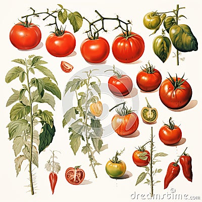 Tomato varieties, hand drawn set. branch, bush, part in a cut. Illustration with tomatoes, red, orange, green colors Stock Photo
