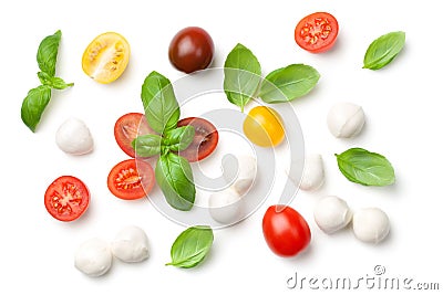 Tomatoes, Basil and Mozzarella Isolated on White Background Stock Photo