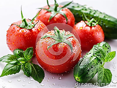 Tomatoes, cucumbers and mint on a white background Stock Photo