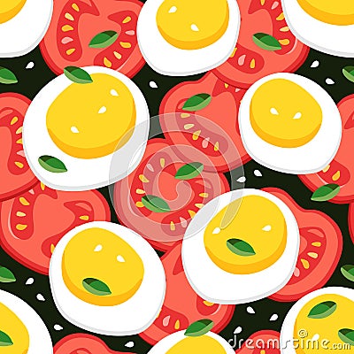 Tomatoes and eggs with sesame seeds and pumpkin seeds. Stylized vector pattern. Flat illustration. Vector Illustration