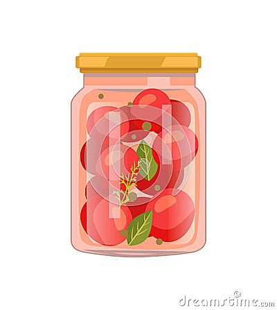 Tomatoes with Gerbs Preserved Food in Glass Jar Vector Illustration