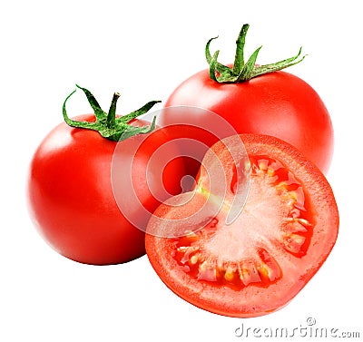 Tomatoes and half tomato isolated on white Stock Photo