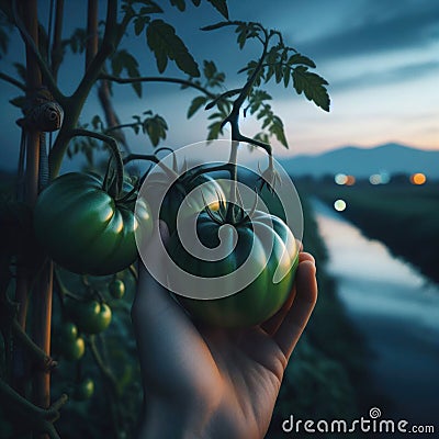 Tomatoes hanging from the vine in the blue hour Stock Photo