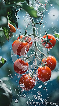 Tomatoes Hanging From Vine in Rain, Ripe Red Fruit Drenched in Refreshing Water Drops Stock Photo