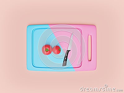 Tomatoes and a knife on plastic cutting board. cooking concept. Top view. 3d rendering Stock Photo
