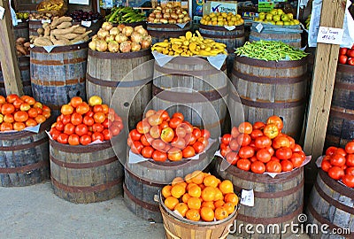 Tomatoes and Other Produce At Country Store Stock Photo