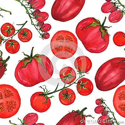 Tomatoes pattern watercolor handmade illustration on a white background Cartoon Illustration