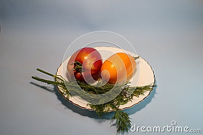 Tomatoes in a plate with dill on a gray background. Stock Photo