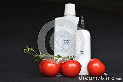 Tomatoes and poison bottle on black background Stock Photo