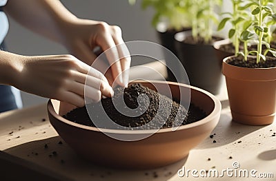 Tomatoes seedlings on a grey background. Young tomato pepper sprouts in pots Stock Photo