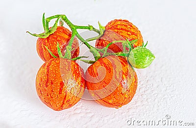Tomatoes striped tomato close-up on a white plate, cultivar Tigerella. Stock Photo