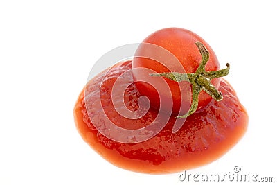 Tomatoes on tomato sauce. line trail of sauce with basil isolated on white background. Italian cuisine photo design for pasta Stock Photo