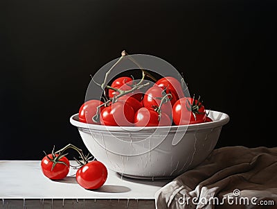 Tomatoes in a white bowl, realistic painting syle wall art poster Stock Photo