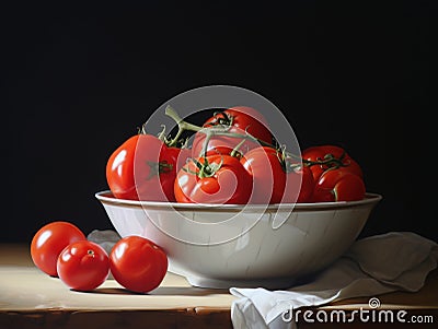 Tomatoes in a white bowl, realistic painting syle wall art poster Stock Photo