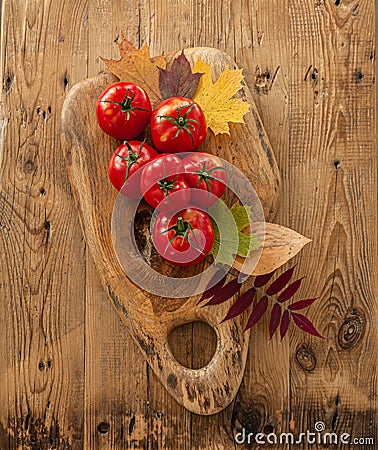 Tomatoes on a wooden board. Tomatoes in autumn arrangement. Stock Photo