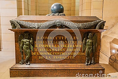 The tomb of French writer and philosopher Voltaire 1694-1778 in the crypt of Pantheon in Paris Editorial Stock Photo