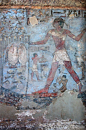 Tomb painting Mekhu catching fish, Aswan, Egypt Stock Photo