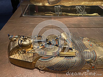 Tomb treasure of Egypt pharaoh Tutanchamun. Inner gold coffin shows the mummy of King. 14.03.2021 - Oerlikon, Switzerland Editorial Stock Photo
