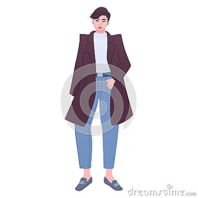 Tomboy lady in classic coatn, fashion outfit sketch Vector Illustration