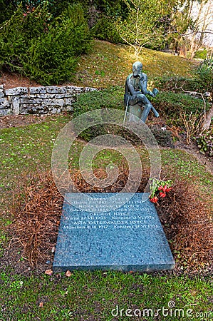 Tombstone and a statue of James Joyce Editorial Stock Photo