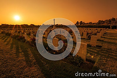 Tombstones in the Canadian cemetery of soldiers who fell during the Second World War in Ortona in the province of Chieti Italy Editorial Stock Photo