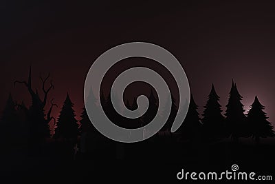 Tombstones cemetery in spooky dark night in mystic fog.Horror scene in pine wild, Holiday event Happy Halloween background concept Stock Photo