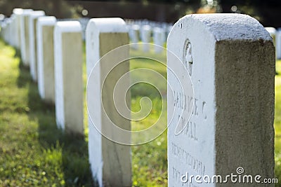 Tombstones of Civil War soldiers at the Gettysburg National Cemetery. Editorial Stock Photo