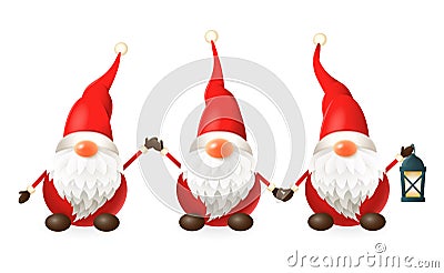 Tomte, Nisse, Tomtenisse - three happy cute Scandinavian gnomes celebrate winter solstice - vector illustration isolated on white Vector Illustration