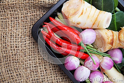 Tomyum Thai food seasoning ingredients on background Stock Photo