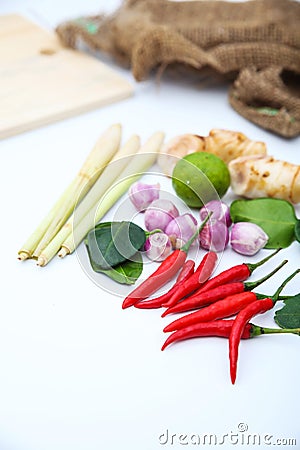 Tomyum Thai food seasoning ingredients on white background Stock Photo