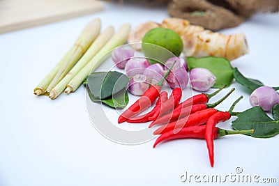 Tomyum Thai food seasoning ingredients on white background Stock Photo