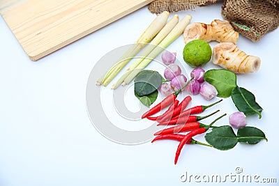 Tomyum Thai food seasoning ingredients on white background Stock Photo