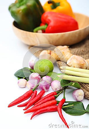 Tomyum Thai food seasoning ingredients on white background Stock Photo