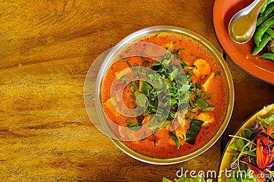 Tom yum serve in a bow view from top view Stock Photo