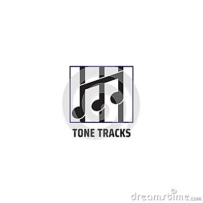 Tone Tracks logo design template isolated on white color background. Musical note with vertical stipes in a square frame vector Cartoon Illustration