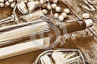 Toned image. Bottle of white wine. Thanksgiving. Stock Photo