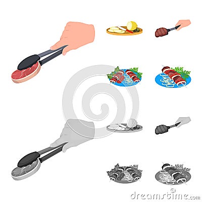 Tongs with steak, fried meat on a scoop, slicing lemon and olives, shish kebab on a plate with vegetables. Food and Vector Illustration