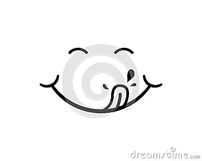 Tongue with drool. Logo for tasty eat. Character of hungry and pleasure. Black cartoon emoji on white background. Doodle avatar of Vector Illustration