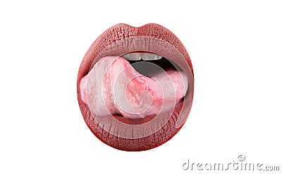 Tongue and mouth. Woman lip, female lips. Beautiful lip, lipstick and lipgloss, passionate, sensual makeup. Stock Photo