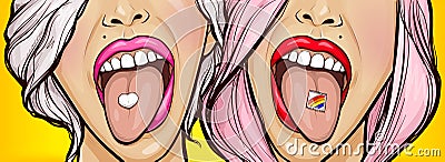 Tongue with Lsd stamp and love addiction pill Vector Illustration