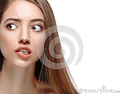 Tongue open mouth Beautiful woman face close up portrait young studio on white Stock Photo