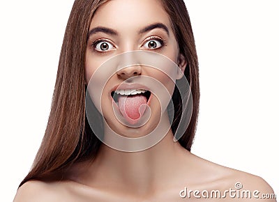 Tongue open mouth Beautiful woman face close up portrait young studio on white Stock Photo