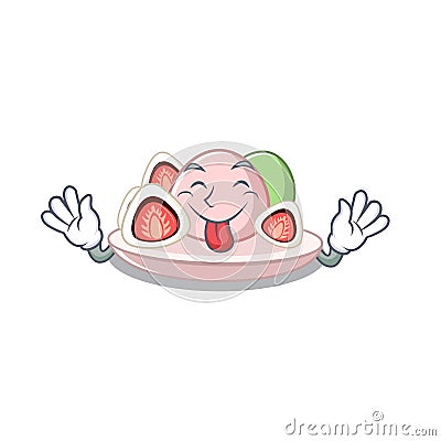 Tongue out ichigo daifuku served on mascot bowl Vector Illustration